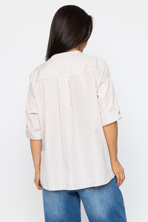 Carraig Donn Stripe Collarless Shirt in Beige