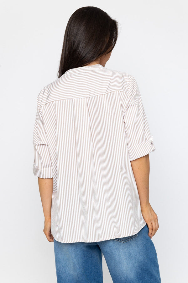 Carraig Donn Stripe Collarless Shirt in Beige