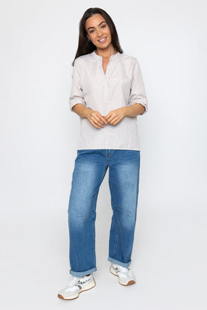 Carraig Donn Stripe Collarless Shirt in Beige