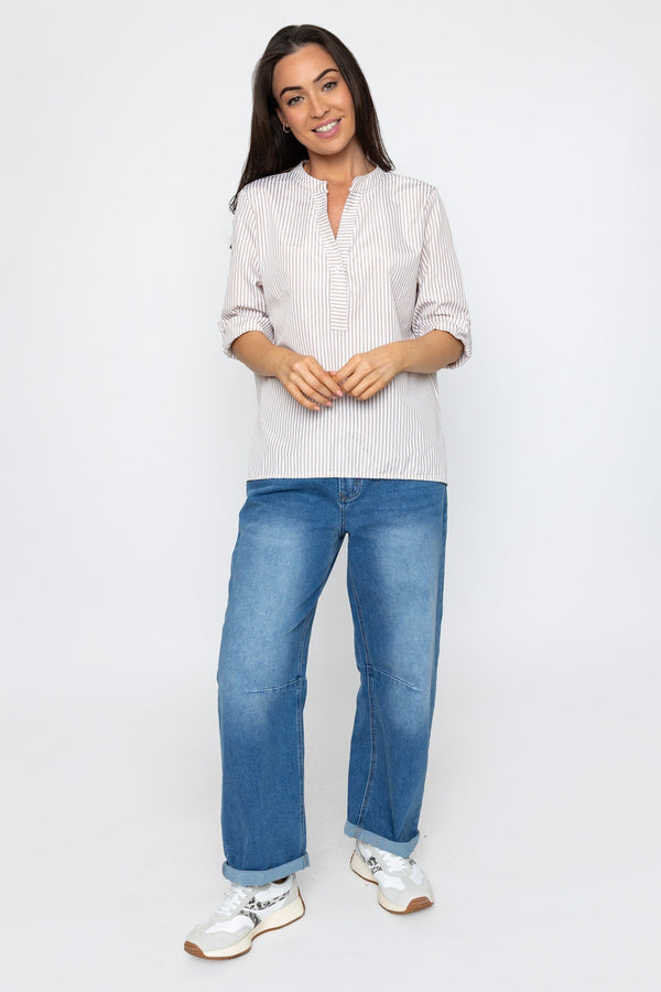 Carraig Donn Stripe Collarless Shirt in Beige