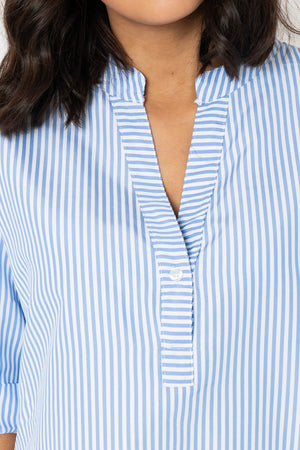 Carraig Donn Stripe Collarless Shirt in Blue