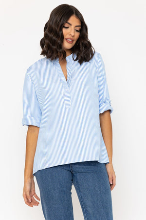 Carraig Donn Stripe Collarless Shirt in Blue