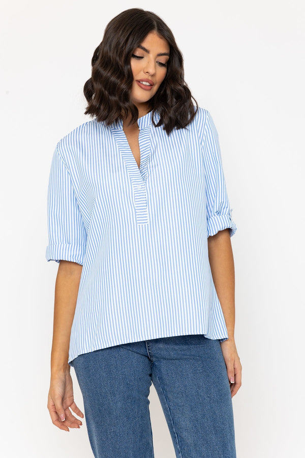 Carraig Donn Stripe Collarless Shirt in Blue