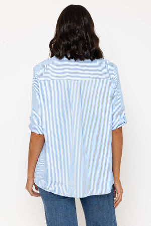 Carraig Donn Stripe Collarless Shirt in Blue