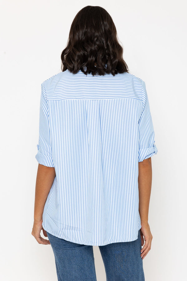 Carraig Donn Stripe Collarless Shirt in Blue