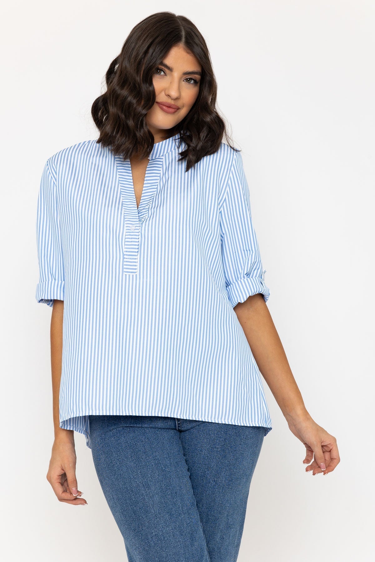 Stripe Collarless Shirt in Blue