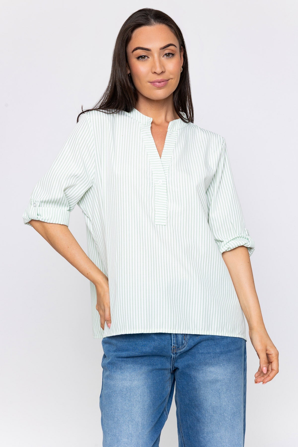 Stripe Collarless Shirt in Green
