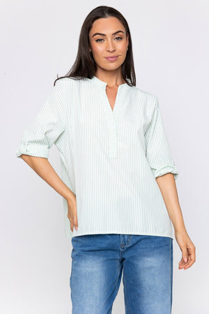 Carraig Donn Stripe Collarless Shirt in Green
