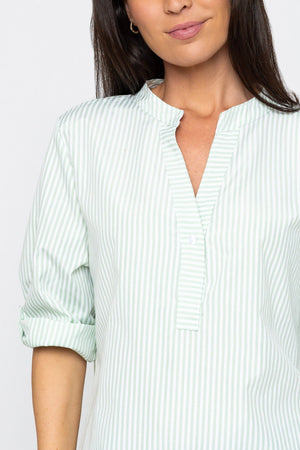 Carraig Donn Stripe Collarless Shirt in Green