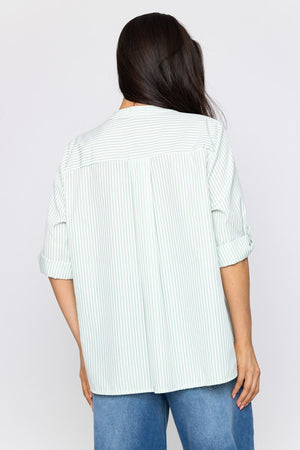 Carraig Donn Stripe Collarless Shirt in Green