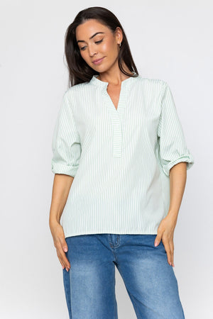 Carraig Donn Stripe Collarless Shirt in Green