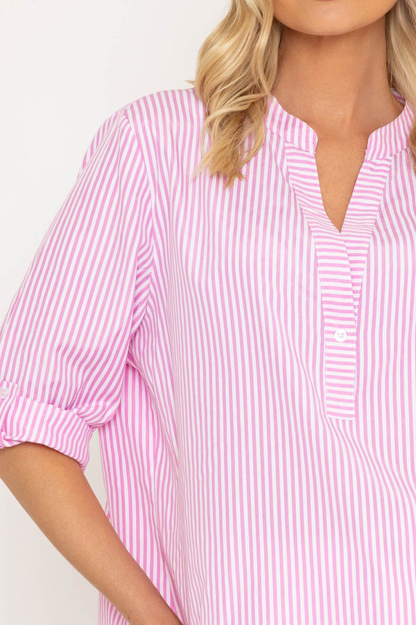 Carraig Donn Stripe Collarless Shirt in Pink