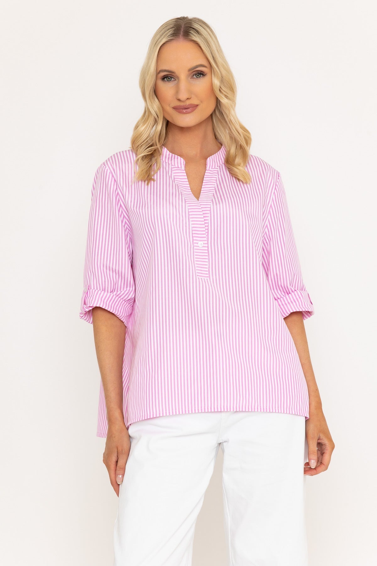 Stripe Collarless Shirt in Pink
