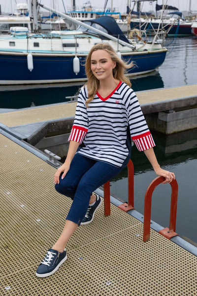 Carraig Donn Striped Contrast Top in Navy