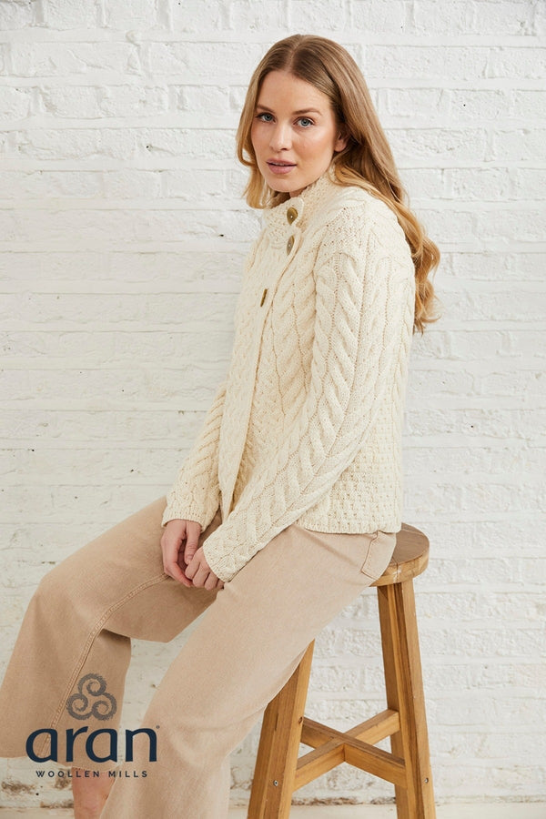 Carraig Donn Super Soft 3 Button Merino Wool Cardigan in White