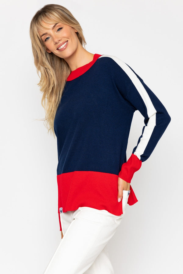 Carraig Donn Sweater With Contrast Hem And Sleeve Stripe
