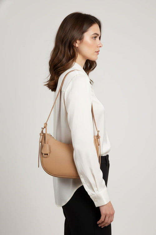 Tag Crescent Shoulder Bag in Beige