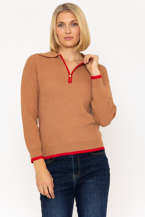 Tan Ribbed Knit Jumper with Red Contrast Trim