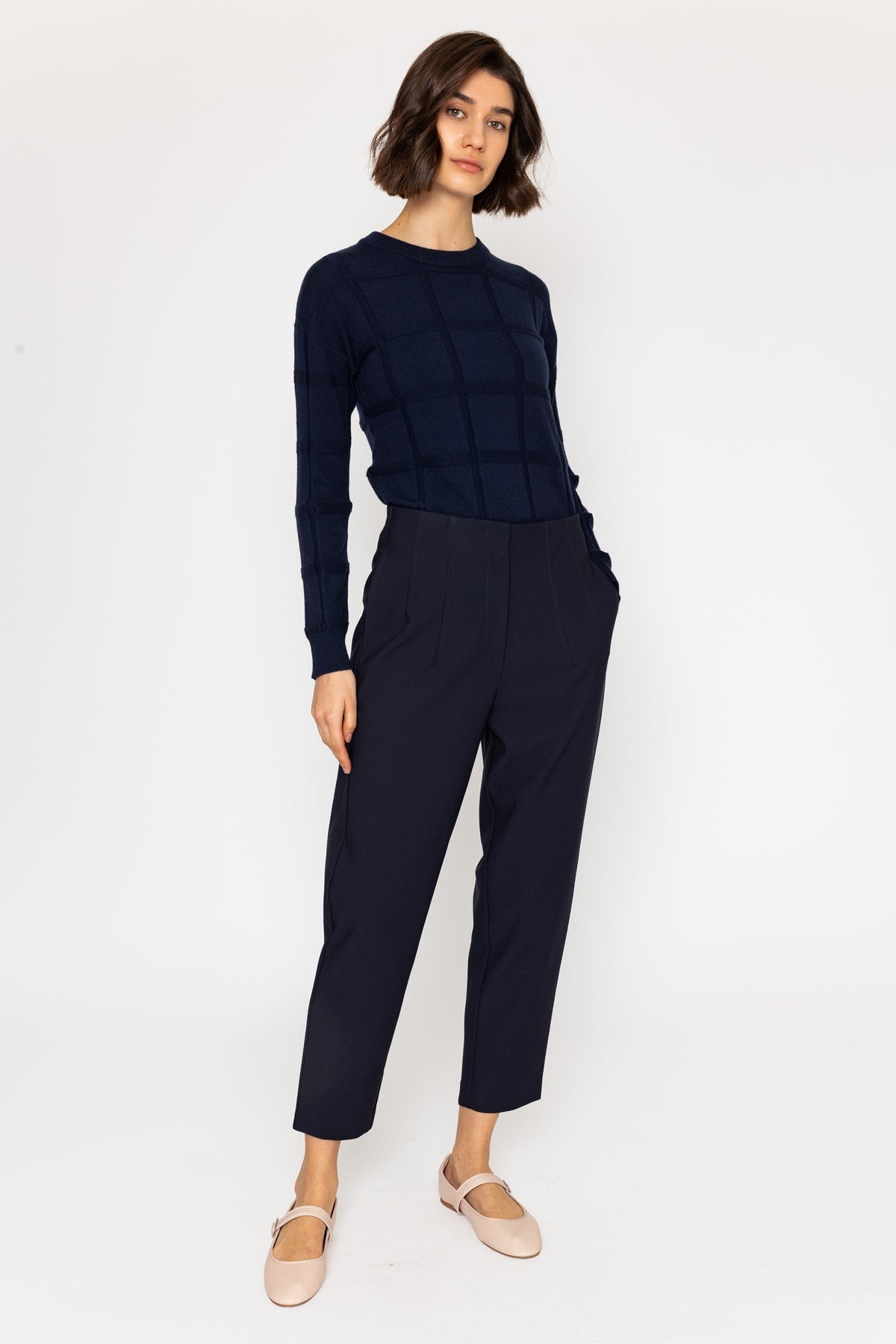 Navy Tapered Ankle Grazer Trousers
