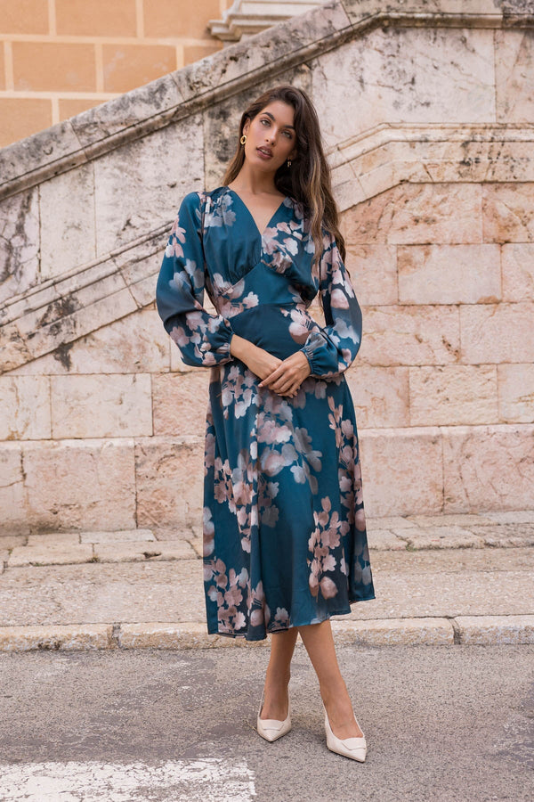Teal Floral Print Sateen Cliodhna Midi Dress
