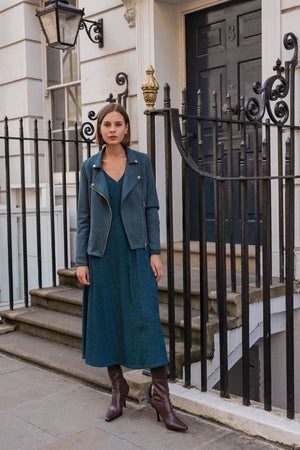 Carraig Donn Teal Long Sleeve Jacquard Jersey Midi Dress