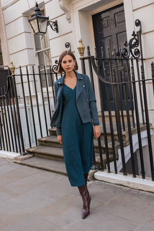 Carraig Donn Teal Long Sleeve Jacquard Jersey Midi Dress