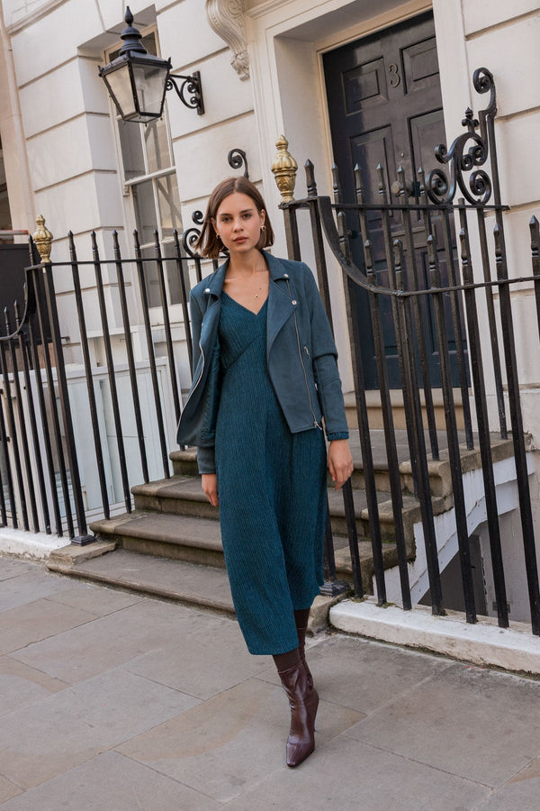 Carraig Donn Teal Long Sleeve Jacquard Jersey Midi Dress