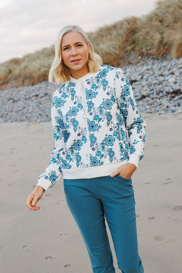 Carraig Donn Teal Printed Textured Jersey Bomber Jacket