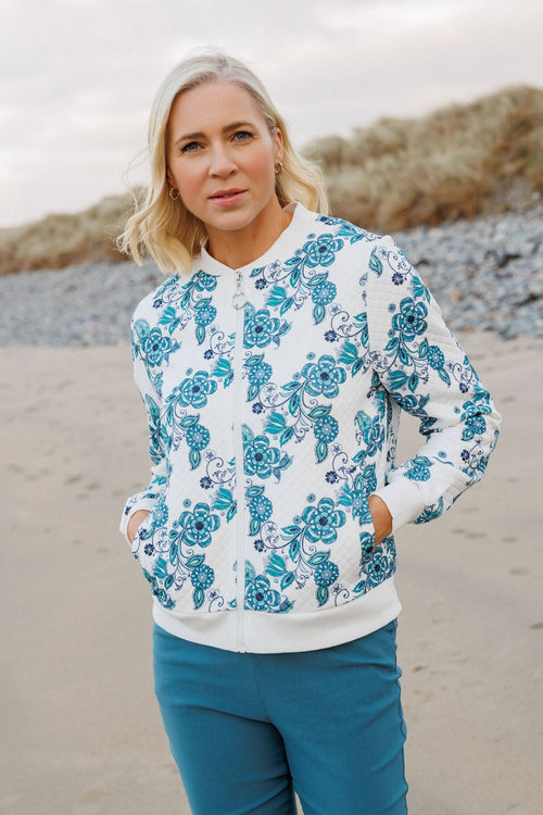 Teal Printed Textured Jersey Bomber Jacket