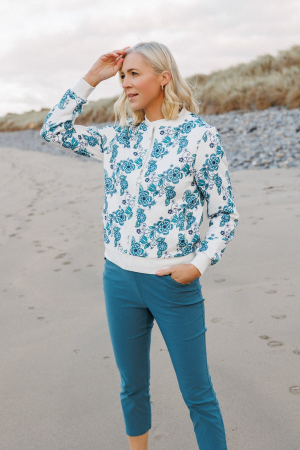 Carraig Donn Teal Printed Textured Jersey Bomber Jacket