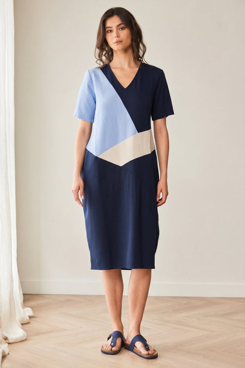 Three Tone Blue Linen Midi Dress
