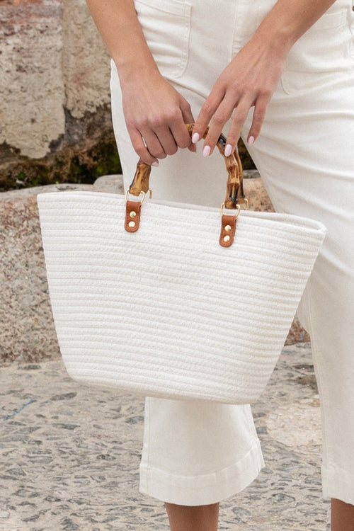 Tortoiseshell Handle White Woven Bag