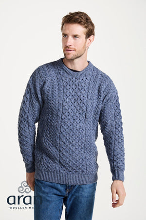 Carraig Donn Traditional Unisex Aran Sweater in Blue