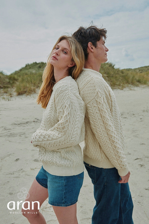 Carraig Donn Traditional Unisex Aran Sweater in Cream