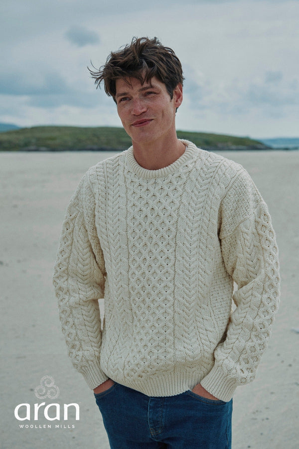 Carraig Donn Traditional Unisex Aran Sweater in Cream