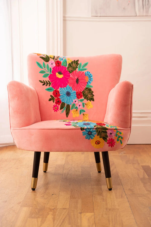 Velvet Pink Floral Embroidered Armchair