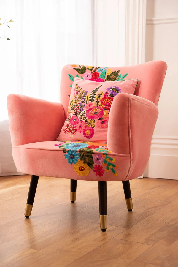Carraig Donn Velvet Pink Floral Embroidered Armchair