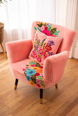 Carraig Donn Velvet Pink Floral Embroidered Armchair