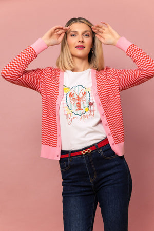 Carraig Donn Wave Striped Cardigan in Pink