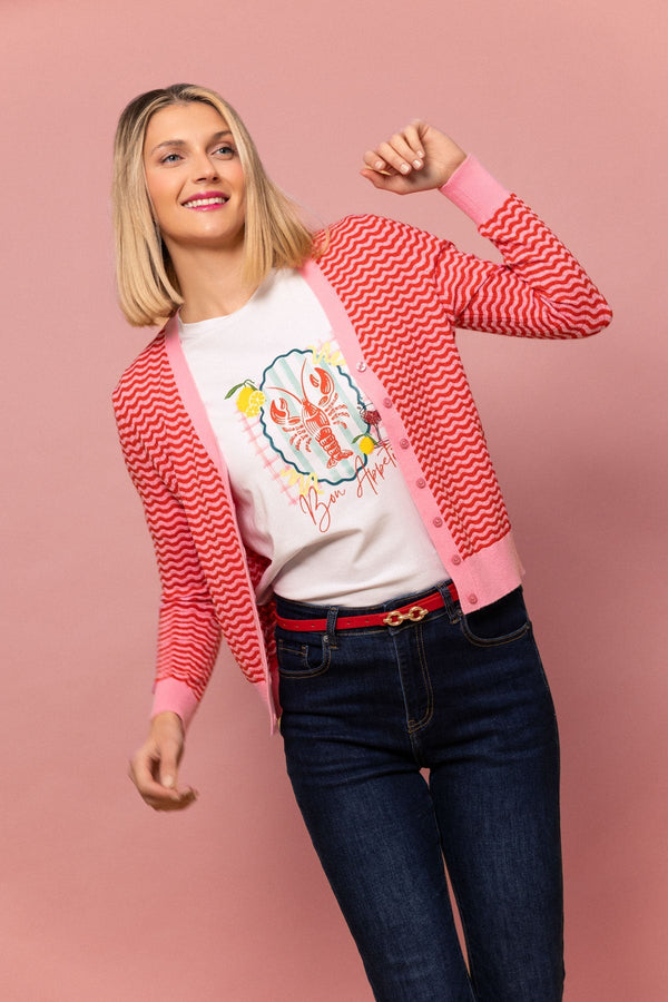 Carraig Donn Wave Striped Cardigan in Pink