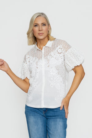 Carraig Donn White Burnout Balloon Sleeve Blouse