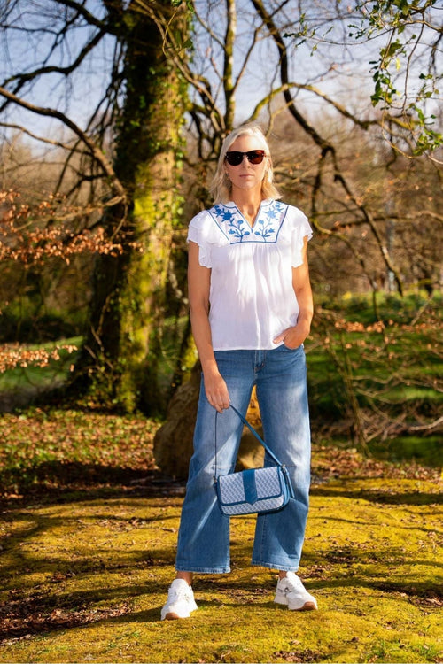 Carraig Donn White Cap Sleeve Top With Embroidery