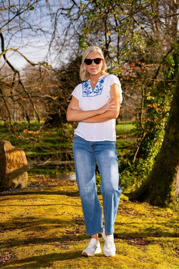 Carraig Donn White Cap Sleeve Top With Embroidery