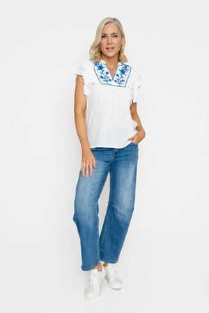 Carraig Donn White Cap Sleeve Top With Embroidery