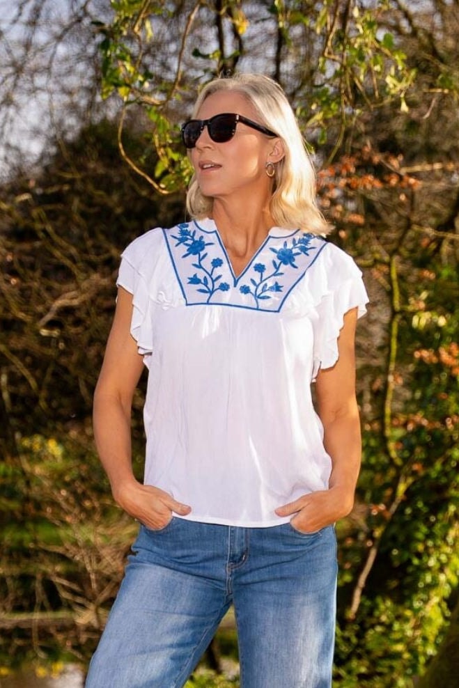 White Cap Sleeve Top With Embroidery