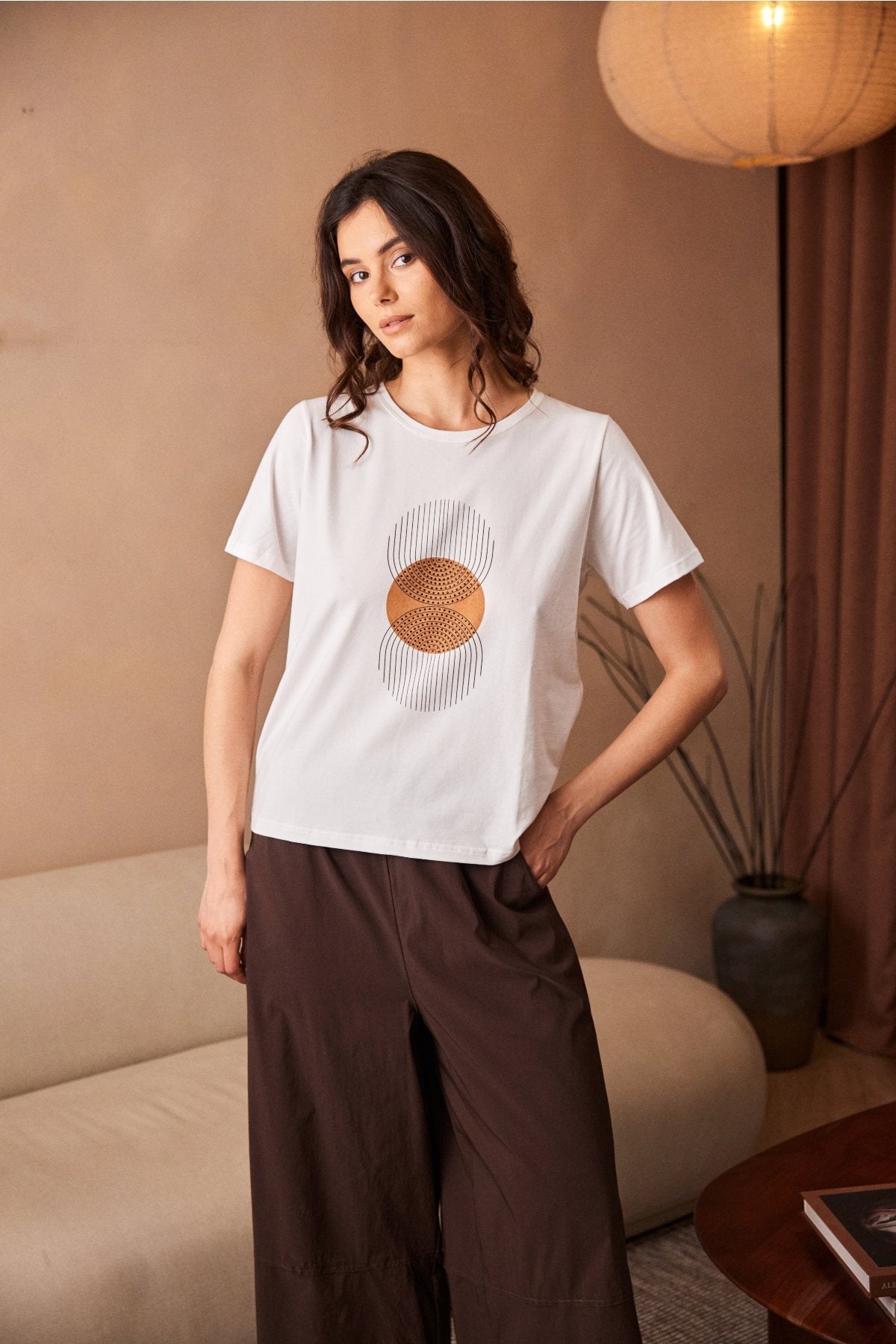 White Circle Line Print Top