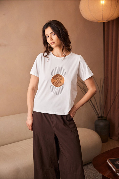 White Circle Line Print Top