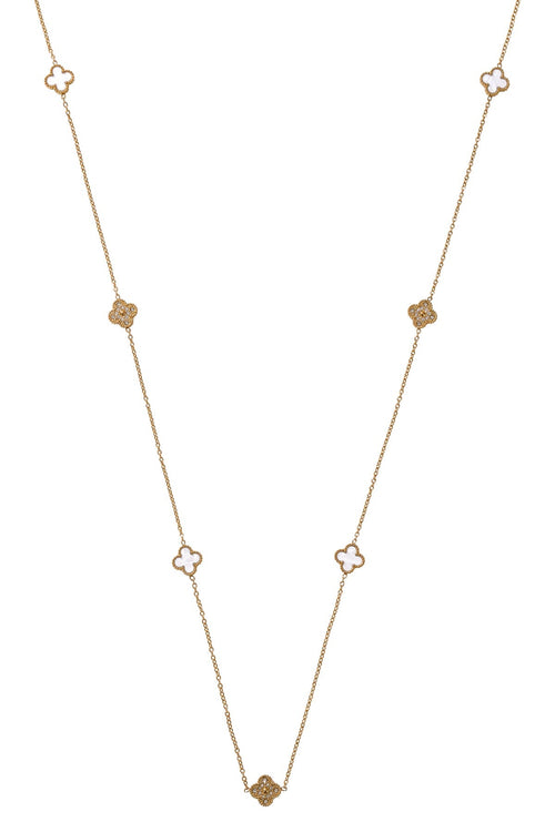 White & Crystal Clover Long Necklace