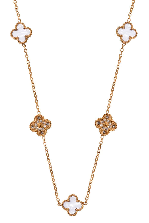 White & Crystal Clover Short Necklace