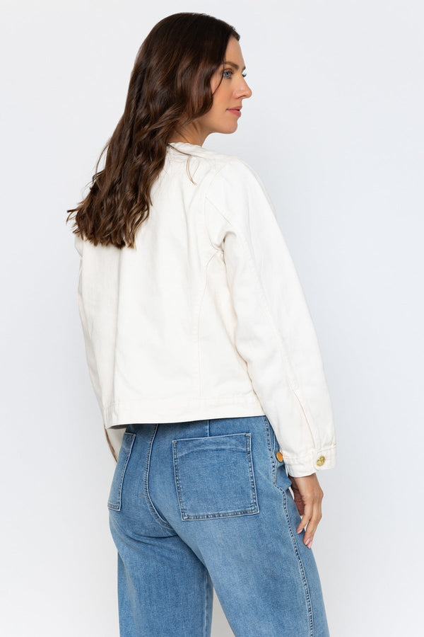 Carraig Donn White Denim Collarless Jacket With Gold Buttons